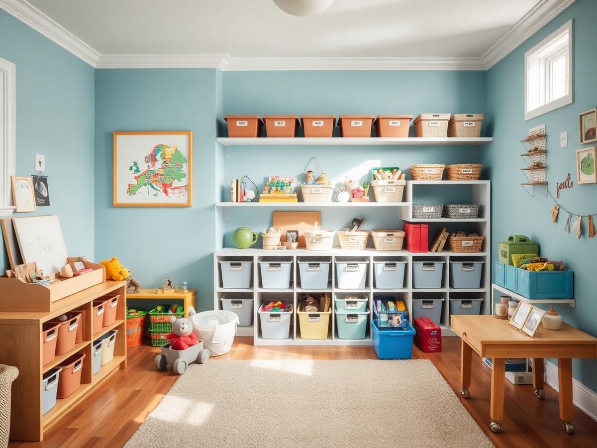 Organized playroom with labeled bins on open shelves